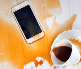 Teléfono manchado de café al caerse una taza cerca